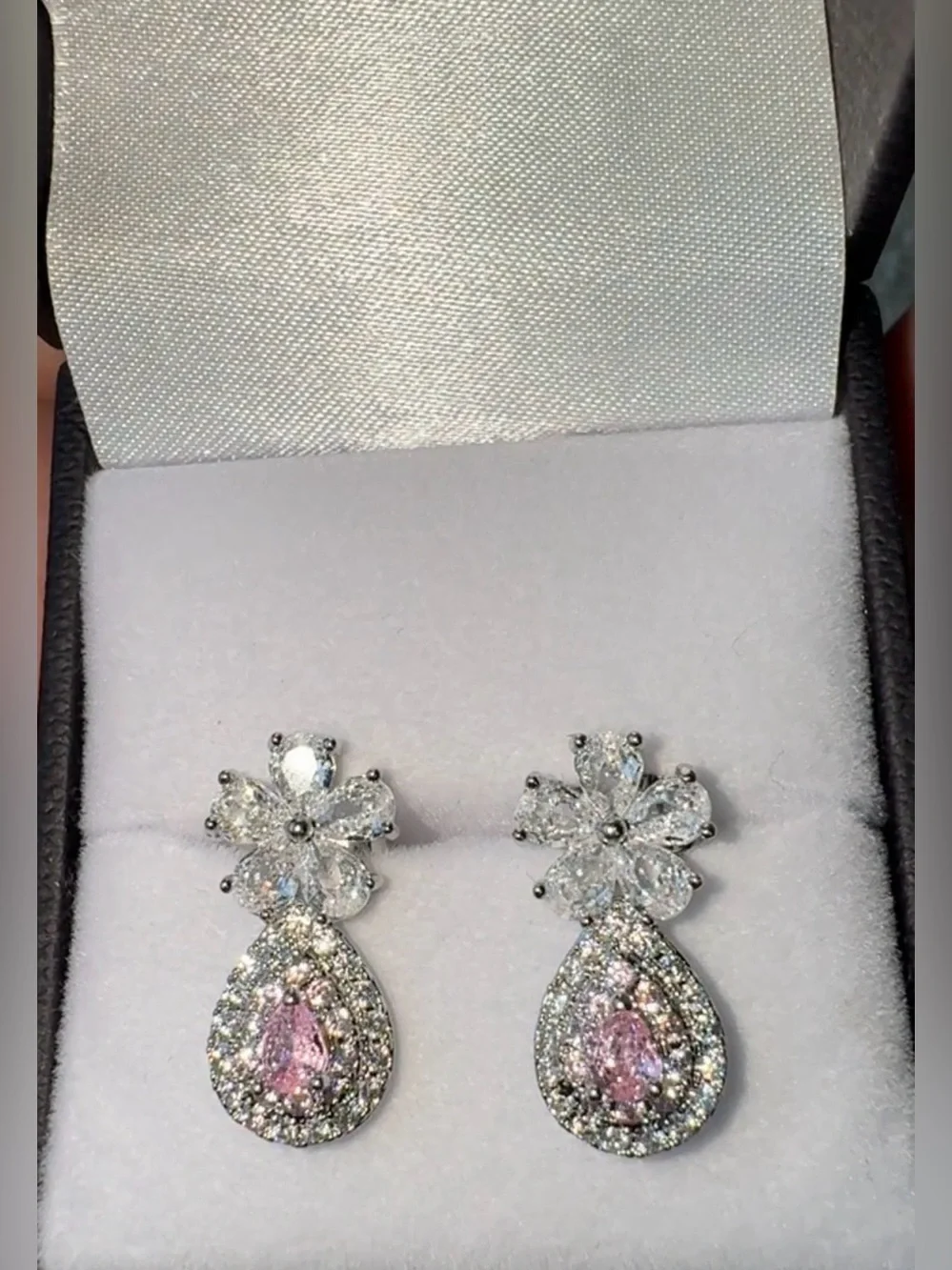 Elegant Pink Teardrop Crystal Drop Earrings Silver